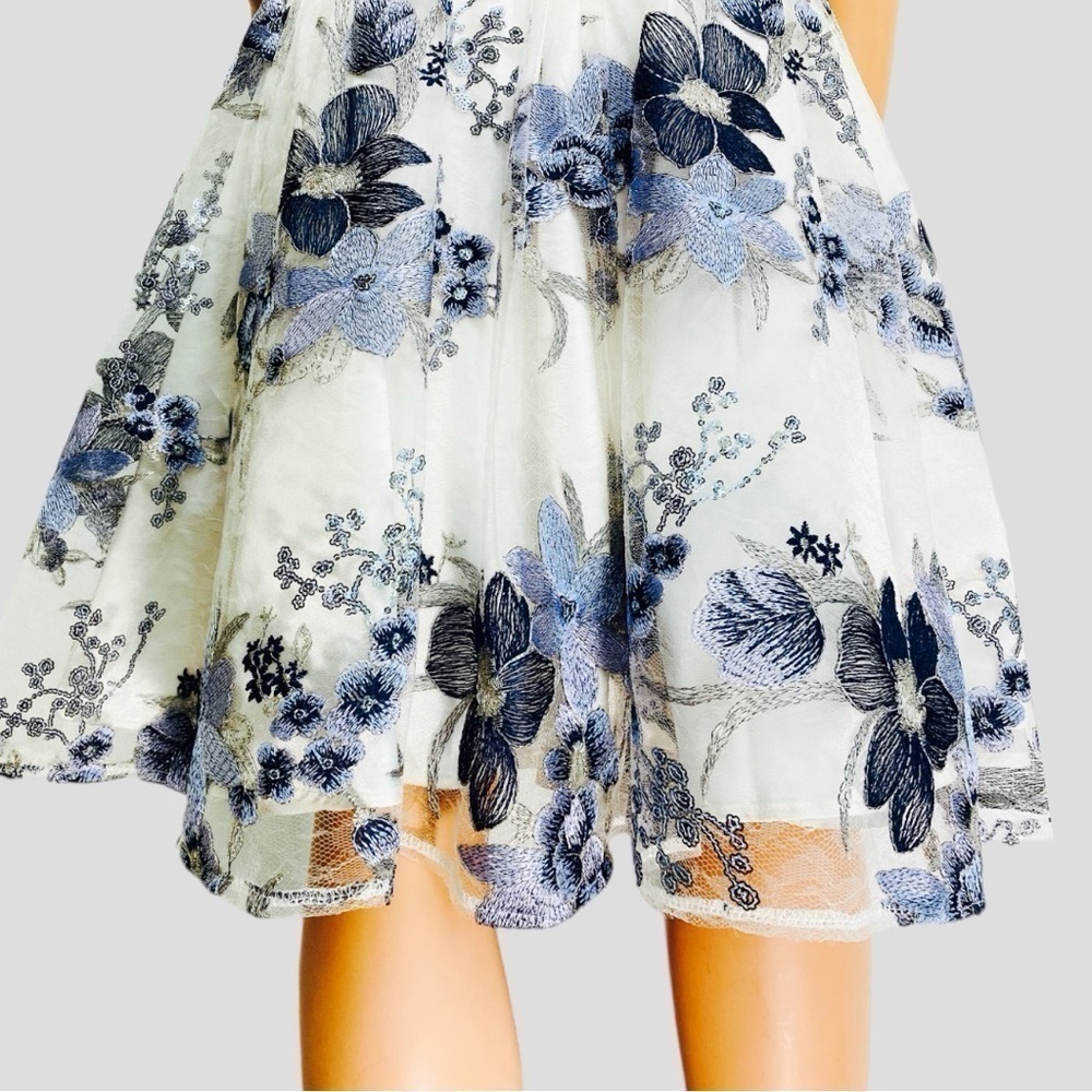 Tahari ASL‎ Embroidered Mesh Dress 8 Blue Silver Fairy Garden Prom Y2K Revival - Picture 6 of 12